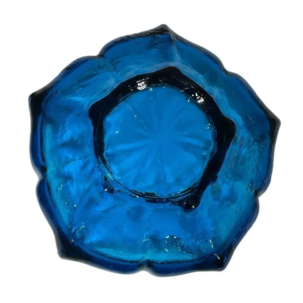 Vintage Blue Glass Lotus Bowl with Carved Wooden Intertwined Tripod Stand India - Picture 9 of 11